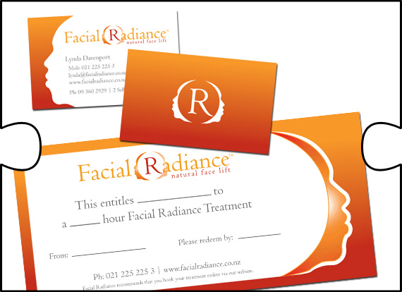 Jigsaw Design designed and organised printing for business cards, gift vouchers and promo cards for Facial Radiance